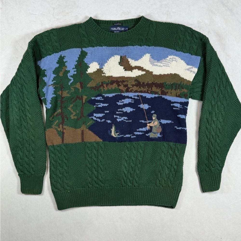 Vintage Nautica Hand Knit Cable Knit Fishing Scene Nautical Preppy Sweater